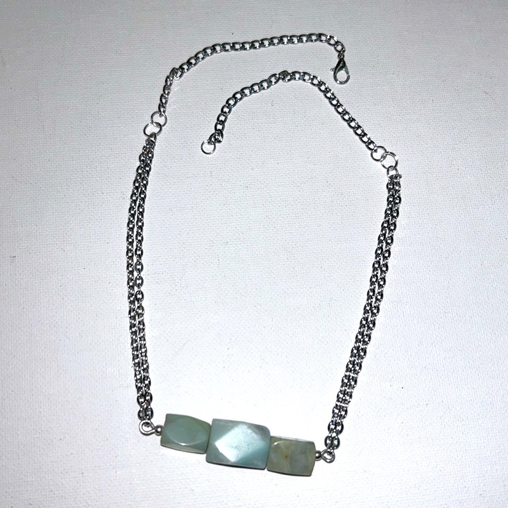 Handmade Genuine Amazonite 3 Bead Stainless Steel Custom Double Chain Necklace